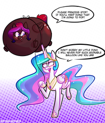 Size: 3000x3500 | Tagged: safe, artist:metalface069, princess celestia, oc, oc:shaded star, alicorn, balloon pony, pegasus, pony, g4, blushing, floating, high res, horn, horn poke, imminent popping, inflation, puffy cheeks, punishment, string, worried, ych result