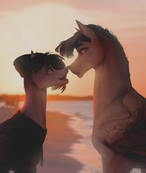 Size: 1600x1905 | Tagged: safe, artist:ststayss, oc, pegasus, pony, boop, clothes, digital painting, eye contact, hat, looking at each other, noseboop, smiling, sunset, sweater