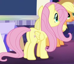Size: 652x569 | Tagged: safe, screencap, applejack, fluttershy, earth pony, pony, g4, the last laugh, butt, cropped, cutie map, plot