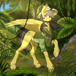 Size: 2000x2000 | Tagged: safe, artist:twotail813, daring do, pegasus, pony, g4, cheek fluff, chest fluff, clothes, crepuscular rays, ear fluff, female, forest, hat, high res, jungle, leg fluff, mare, mouth hold, raised hoof, solo, whip, wings