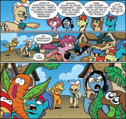Size: 1795x1699 | Tagged: safe, artist:brendahickey, idw, applejack, hoggle, mayor mare, rodger dodger, run-around, tinsel hat, wooly, bird, earth pony, pigeon, pony, unicorn, friends forever, g4, spoiler:comic, spoiler:comicff15, carrot, comic, female, food, food transformation, fruit, guano, kiwi fruit, male, mare, stallion, vegetables