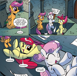 Size: 1331x1302 | Tagged: safe, artist:ponygoddess, idw, apple bloom, scootaloo, sweetie belle, earth pony, pegasus, pony, unicorn, friends forever #16, g4, my little pony: friends forever, spoiler:comic, click, cute, cutie mark crusaders, female, filly, help, sign, slide, this will end in tears and/or death and/or covered in tree sap, trio, trio female