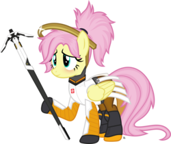 Size: 2427x2040 | Tagged: safe, artist:anime-equestria, fluttershy, pegasus, pony, g4, alternate hairstyle, blushing, boots, crossover, cute, female, hairband, halo, happy, high res, mercy, mercyshy, overwatch, ponytail, shiny, shoes, shyabetes, simple background, smiling, solo, staff, transparent background, vector, wings