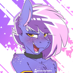 Size: 1280x1280 | Tagged: safe, artist:whisperfoot, oc, oc only, oc:berry frost, earth pony, anthro, angular, arm warmers, blushing, cheek fluff, chest fluff, chest freckles, clothes, collar, ear blush, ear fluff, ear freckles, eyeshadow, fangs, freckles, lidded eyes, looking at you, makeup, male, open mouth, sharp teeth, shoulder fluff, shoulder freckles, simple background, smiling, solo, stylized, teeth, triangle