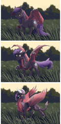 Size: 2580x5193 | Tagged: safe, artist:marinavermilion, oc, oc only, oc:dawn sentry, dracony, dragon, hybrid, pony, bat wings, claws, dragon wings, dragonified, female, horns, injured, scales, solo, transformation, wings
