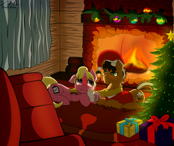 Size: 3067x2586 | Tagged: safe, artist:flash_draw, oc, oc only, oc:short fry, oc:whip up, earth pony, pony, unicorn, blushing, chocolate, christmas, christmas lights, christmas star, christmas tree, christmas wreath, clothes, commission, complex background, couch, detailed, duo, female, fire, fireplace, food, high res, holiday, holly, holly mistaken for mistletoe, hot chocolate, house, lidded eyes, looking at each other, male, marshmallow, present, roasted, scarf, shipping, tree, whort, wreath