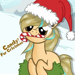 Size: 1280x1280 | Tagged: safe, artist:grithcourage, oc, oc only, oc:grith courage, earth pony, pony, candy, candy cane, christmas, cute, food, hat, holiday, misspelling, santa hat, simple shading, snow, solo, text, to saddlebags and back again