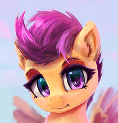 Size: 2327x2426 | Tagged: safe, artist:xbi, scootaloo, pegasus, pony, g4, bust, cute, cutealoo, ear fluff, female, filly, foal, high res, looking at you, portrait, simple background, solo, spread wings, wings