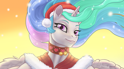 Size: 1000x563 | Tagged: safe, artist:arareroll, princess celestia, alicorn, anthro, g4, choker, christmas, female, happy, hat, holiday, looking at you, mare, santa hat, smiling, solo