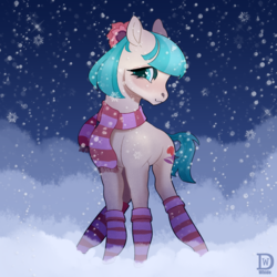 Size: 2000x2000 | Tagged: safe, artist:whide, coco pommel, earth pony, pony, g4, blushing, clothes, cocobetes, cute, cutie mark, female, floppy ears, flower, flower in hair, high res, leg warmers, looking at you, mare, scarf, shy, smiling, snow, socks, solo, striped socks, ych result