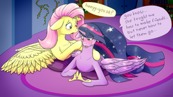 Size: 2560x1440 | Tagged: safe, artist:fuzzypones, fluttershy, twilight sparkle, alicorn, pegasus, pony, g4, the last problem, blushing, colored, comforting, crying, duo, female, immortality blues, implied princess celestia, jewelry, lying down, older, older twilight, older twilight sparkle (alicorn), princess twilight 2.0, prone, sad, speech bubble, text, tiara, touching face, twilight sparkle (alicorn), ultimate twilight