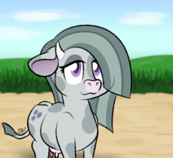 Size: 700x640 | Tagged: safe, artist:glimglam, marble pie, cow, g4, cowified, female, hair over one eye, horns, mooble pie, solo, species swap, udder