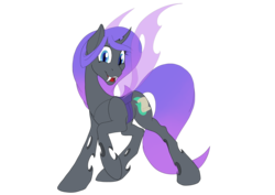 Size: 3508x2480 | Tagged: safe, artist:settop, derpibooru exclusive, oc, oc only, oc:viciz, changeling, pony, 2020 community collab, derpibooru community collaboration, changeling oc, female, high res, purple changeling, raised hoof, simple background, smiling, solo, transparent background