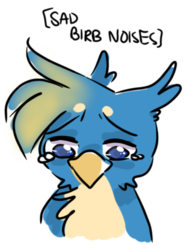Size: 810x1076 | Tagged: source needed, safe, artist:zigragirl, gallus, griffon, g4, birb, colored pupils, crying, cute, descriptive noise, gallabetes, looking down, male, sad, simple background, solo, teary eyes, text, traditional art, unhappy, white background