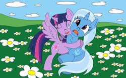 Size: 1024x641 | Tagged: safe, artist:joko-zuno, trixie, twilight sparkle, alicorn, pony, g4, cloud, female, flower, hug, lesbian, ship:twixie, shipping, twilight sparkle (alicorn)