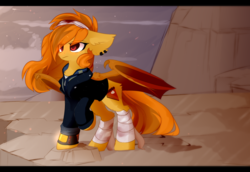 Size: 1665x1143 | Tagged: dead source, safe, artist:php146, oc, oc:pumpkin spice, bat pony, pony, fallout equestria, bandage, blood, clothes, coat, ear fluff, ear piercing, eye clipping through hair, female, headband, piercing