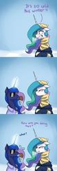 Size: 1200x3600 | Tagged: safe, artist:anticular, princess celestia, princess luna, alicorn, pony, ask sunshine and moonbeams, g4, annoyed, clothes, coat, cold, coldlestia, comic, dialogue, duo, female, floppy ears, food, freezing, glowing horn, hat, horn, ice cream, levitation, magic, magic aura, mare, royal sisters, scarf, shivering, siblings, sisters, sunglasses, telekinesis