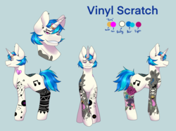 Size: 2732x2048 | Tagged: safe, artist:snows-undercover, dj pon-3, vinyl scratch, pony, unicorn, icey-verse, g4, alternate hairstyle, blue background, commission, ear piercing, earring, eyebrow piercing, female, high res, horn, horn ring, implied lesbian, implied octavia melody, implied scratchtavia, implied shipping, jewelry, mare, piercing, reference sheet, ring, simple background, solo, tattoo, wedding ring