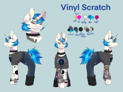 Size: 2732x2048 | Tagged: safe, alternate version, artist:snows-undercover, dj pon-3, vinyl scratch, pony, unicorn, icey-verse, g4, alternate hairstyle, blue background, boots, bracelet, choker, clothes, commission, ear piercing, earring, eyebrow piercing, female, high res, horn, horn ring, implied lesbian, implied octavia melody, implied scratchtavia, implied shipping, jeans, jewelry, mare, pants, piercing, reference sheet, ring, shirt, shoes, simple background, solo, t-shirt, tattoo, torn clothes, wedding ring, wristband