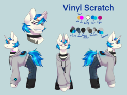 Size: 2732x2048 | Tagged: safe, alternate version, artist:snows-undercover, dj pon-3, vinyl scratch, pony, unicorn, icey-verse, g4, alternate hairstyle, blue background, boots, bracelet, choker, clothes, commission, ear piercing, earring, eyebrow piercing, female, high res, hoodie, horn, horn ring, implied lesbian, implied octavia melody, implied scratchtavia, implied shipping, jeans, jewelry, mare, pants, piercing, reference sheet, ring, shirt, shoes, simple background, solo, t-shirt, tattoo, torn clothes, wedding ring, wristband