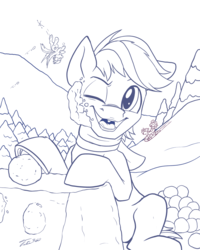 Size: 1500x1875 | Tagged: safe, artist:tsitra360, big macintosh, double diamond, night glider, sugar belle, earth pony, pony, g4, lineart, male, one eye closed, snow, snowball, snowball fight, solo focus, winter