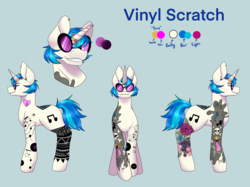 Size: 2732x2048 | Tagged: safe, alternate version, artist:snows-undercover, dj pon-3, vinyl scratch, pony, unicorn, icey-verse, alternate hairstyle, blue background, commission, ear piercing, earring, eyebrow piercing, female, glasses, horn, horn ring, implied lesbian, implied octavia, implied scratchtavia, implied shipping, jewelry, mare, piercing, reference sheet, ring, simple background, solo, tattoo, vinyl's glasses, wedding ring