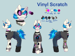 Size: 2732x2048 | Tagged: safe, alternate version, artist:snows-undercover, dj pon-3, vinyl scratch, pony, unicorn, icey-verse, alternate hairstyle, blue background, boots, bracelet, choker, clothes, commission, ear piercing, earring, eyebrow piercing, female, glasses, horn, horn ring, implied lesbian, implied octavia, implied scratchtavia, implied shipping, jeans, jewelry, mare, pants, piercing, reference sheet, ring, shirt, shoes, simple background, solo, t-shirt, tattoo, torn clothes, vinyl's glasses, wedding ring, wristband