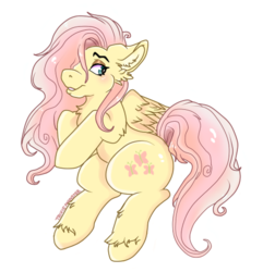 Size: 469x486 | Tagged: safe, artist:candymonsterr, part of a set, fluttershy, pegasus, pony, g4, big ears, blushing, chest fluff, cute, cutie mark, ear fluff, eyeshadow, female, floppy ears, hair over one eye, hooves together, lip bite, makeup, mare, shyabetes, simple background, solo, stray strand, white background