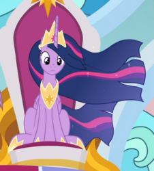 Size: 751x829 | Tagged: safe, screencap, twilight sparkle, alicorn, pony, g4, the last problem, cropped, ethereal mane, female, jewelry, mare, older, older twilight, older twilight sparkle (alicorn), princess twilight 2.0, regalia, sitting, solo, throne, twilight sparkle (alicorn)