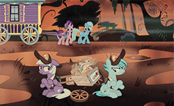 Size: 250x152 | Tagged: safe, screencap, appointed rounds, rainy day, starlight glimmer, trixie, pegasus, pony, unicorn, g4, road to friendship, animated, female, gif, horn, mare