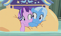 Size: 255x151 | Tagged: safe, screencap, starlight glimmer, trixie, pony, unicorn, g4, road to friendship, season 8, animated, cheek squish, cute, diatrixes, duo, female, floating, gif, glimmerbetes, inflatable, inflatable raft, looking at each other, mare, raft, squishy cheeks, trixie's wagon, we're friendship bound