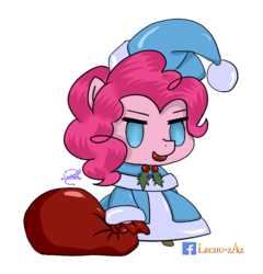 Size: 800x834 | Tagged: safe, artist:lechu-zaz, pinkie pie, earth pony, anthro, g4, christmas, clothes, coat, fate/grand order, female, hat, holiday, holly, padoru, sack, santa hat, simple background, solo, transparent background