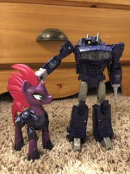 Size: 4032x3024 | Tagged: safe, fizzlepop berrytwist, tempest shadow, pony, unicorn, g4, broken horn, decepticon, female, guardians of harmony, horn, mare, misadventures of the guardians, scar, shockwave, toy, transformers