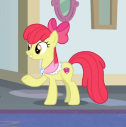 Size: 456x460 | Tagged: safe, screencap, apple bloom, earth pony, pony, g4, the last problem, bow, clothes, cropped, cutie mark, female, goldie delicious' shawl, hair bow, mare, older, older apple bloom, raised hoof, shawl, smiling, solo, the cmc's cutie marks, underhoof