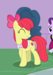 Size: 274x385 | Tagged: safe, screencap, apple bloom, earth pony, pony, g4, the last problem, adorabloom, bow, clothes, cropped, cute, cutie mark, eyes closed, female, goldie delicious' shawl, hair bow, mare, offscreen character, older, older apple bloom, shawl, smiling, solo focus, the cmc's cutie marks