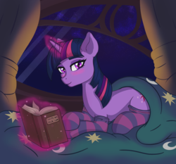 Size: 1600x1494 | Tagged: safe, artist:ravenirik, twilight sparkle, pony, unicorn, g4, bed, blushing, book, clothes, female, glowing horn, horn, magic, mare, socks, solo, striped socks, telekinesis, unicorn twilight