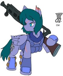 Size: 1700x2048 | Tagged: safe, artist:omegapony16, oc, oc only, oc:oriponi, pegasus, pony, armor, clothes, female, frown, glare, gun, hoof hold, looking back, mare, no pupils, pegasus oc, raised hoof, rifle, scar, scarf, serious, serious face, simple background, soldier, solo, torn ear, vest, weapon, white background, wings