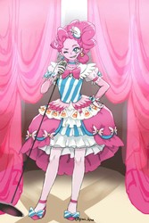 Size: 944x1415 | Tagged: safe, artist:puri__kyua, pinkie pie, equestria girls, g4, anime, clothes, dignified wear, dress, female, gala dress, looking at you, microphone, one eye closed, solo, wink
