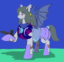 Size: 1764x1691 | Tagged: safe, artist:omegapony16, oc, oc only, oc:oriponi, bat pony, pony, armor, bat pony oc, hoof shoes, raised hoof, saddle, solo, tack, tail wrap