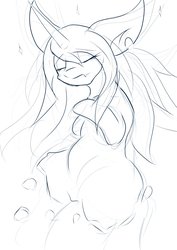 Size: 2893x4092 | Tagged: safe, artist:k_clematis, oc, oc only, oc:caroline, pony, unicorn, eyes closed, female, horn, lineart, mare, sketch, solo, unicorn oc, wip
