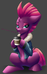 Size: 2450x3841 | Tagged: safe, artist:faline-art, edit, fizzlepop berrytwist, tempest shadow, pony, unicorn, my little pony: the movie, belly button, bottomless, broken horn, bronybait, clothes, coffee, cropped, cute, dialogue, dialogue edit, eye scar, female, floppy ears, gray background, hoof hold, horn, jacket, lidded eyes, mare, partial nudity, scar, simple background, sitting, smiling, solo, tempestbetes