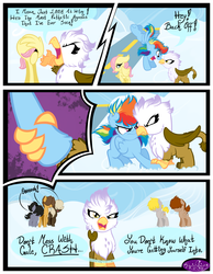 Size: 3500x4500 | Tagged: dead source, safe, artist:becauseimpink, dumbbell, fluttershy, gilda, hoops, quarterback, rainbow dash, griffon, pegasus, pony, comic:transition, g4, angry, butterscotch, colt, comic, dialogue, dumb belle, female, filly, filly fluttershy, filly rainbow dash, guilder, hoops (rule 63), male, rule 63, touchdown (rule 63), transgender, yelling, younger