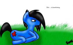 Size: 1337x821 | Tagged: safe, artist:soul-yagami64, oc, oc only, earth pony, pony, earth pony oc, frown, grass, lying down, male, solo, stallion, watermark