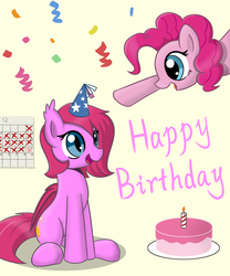 Size: 1000x1200 | Tagged: safe, artist:one4pony, pinkie pie, oc, oc:cheery bell, bat pony, earth pony, pony, g4, bat pony oc, birthday, birthday cake, cake, food