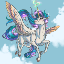 Size: 6000x6000 | Tagged: safe, artist:faline-art, princess celestia, alicorn, pony, g4, absurd resolution, colored wings, female, flying, glowing horn, hoers, horn, mare, multicolored wings, realistic horse legs, signature, sky, smiling, solo, wings