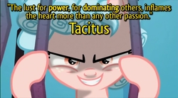 Size: 1280x704 | Tagged: safe, edit, edited screencap, screencap, cozy glow, pegasus, pony, g4, school raze, cozy glow is best facemaker, cozybetes, cute, evil smile, female, foal, grin, kubrick stare, quote, smiling, solo, tacitus, tartarus, text, wanna be friends?