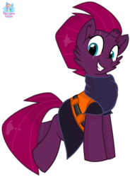 Size: 933x1267 | Tagged: safe, artist:rainbow eevee, fizzlepop berrytwist, tempest shadow, pony, series:springshadowdrops life jacket days, g4, broken horn, chest fluff, clothes, cute, female, horn, lifejacket, looking at you, looking down, scar, scarf, simple background, smiling, solo, transparent background, vector