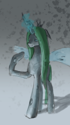 Size: 1080x1920 | Tagged: safe, artist:xxkrutoy, queen chrysalis, changeling, changeling queen, g4, abstract background, eyes closed, female, glowing horn, horn, raised hoof, solo