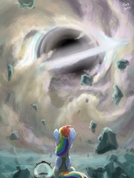 Size: 1536x2048 | Tagged: safe, artist:tinybenz, rainbow dash, pegasus, pony, g4, black hole, female, horizon signal, mare, scenery, science fiction, signature, solo, space helmet, spacesuit, stellaris, this will end in death