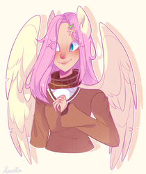 Size: 1584x1884 | Tagged: safe, artist:manella-art, fluttershy, human, g4, clothes, female, humanized, solo, sweater, winged humanization, wings